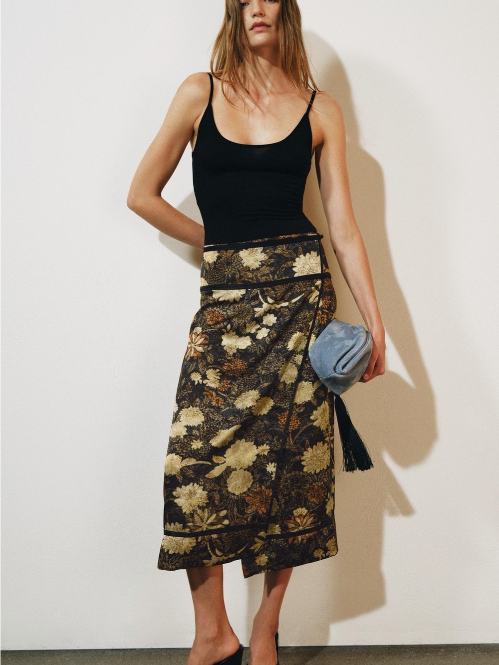Zara Black and Gold Floral Midi Wrap Skirt